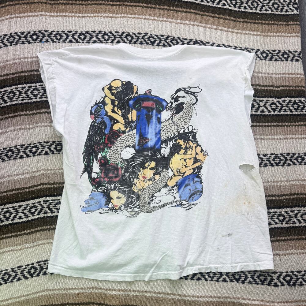 Vintage 90's Chicano Street Art Dragon White Distressed Cut Off Tee Shirt Sz XL